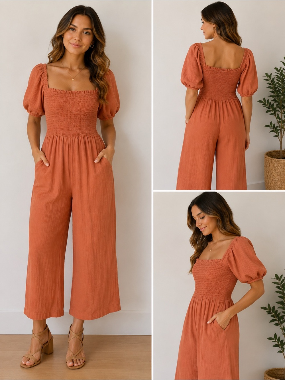 Billabong Smocked Square-Neck Puff-Sleeve Wide-Leg Jumpsuit - Rust